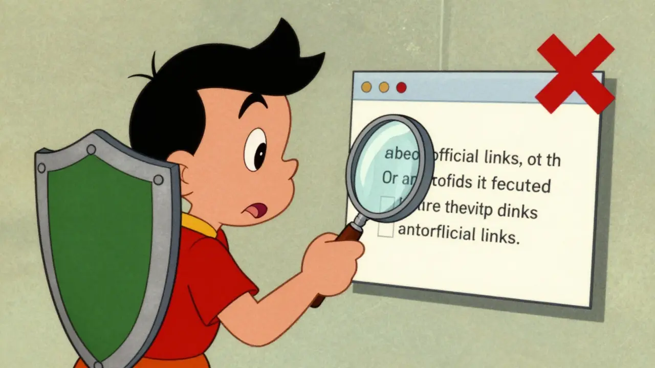 Cautious user verifying official links with shield blocking fake websites in vintage cartoon style.