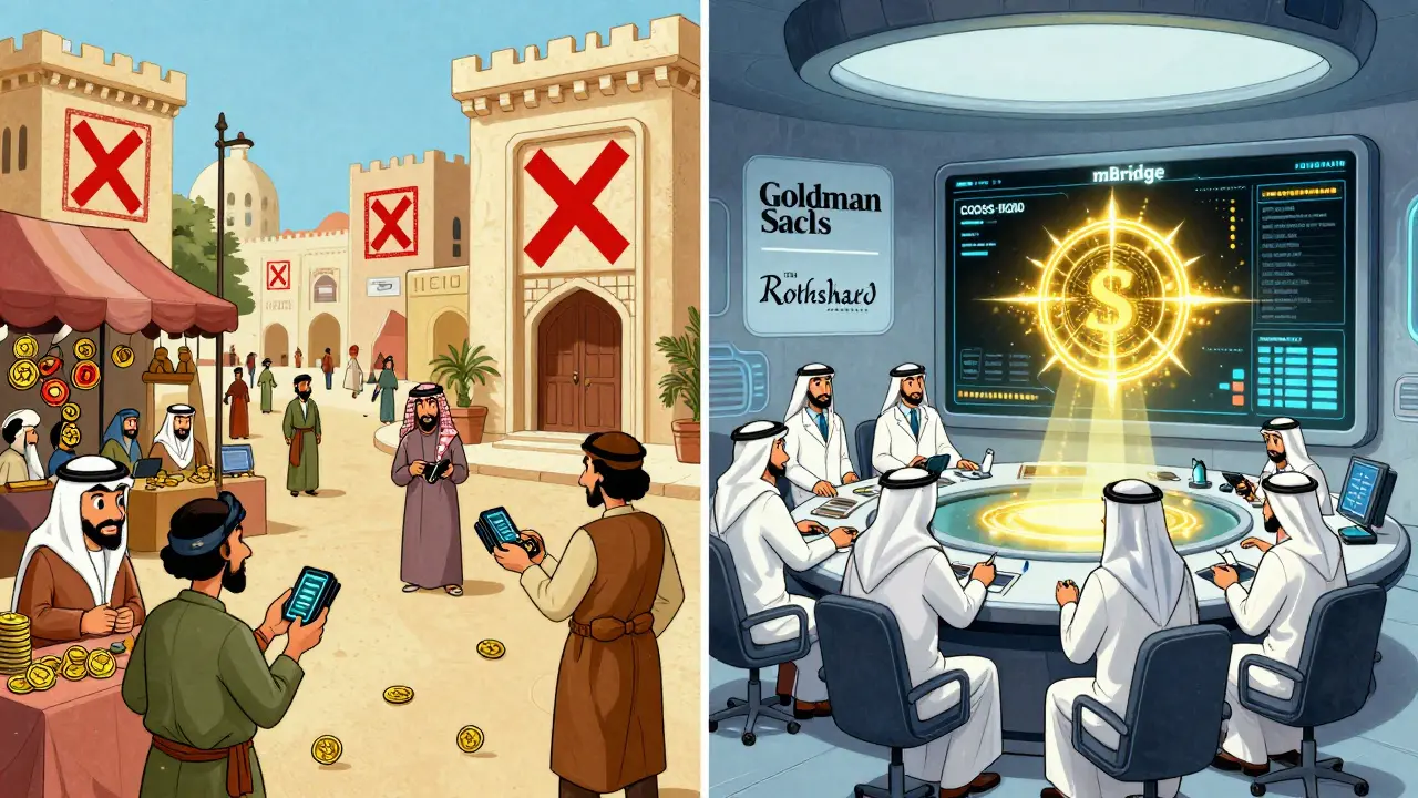 Contrasting scenes: citizens trading crypto in a bustling market while institutional blockchain projects glow in a high-tech control room with global financial partners.