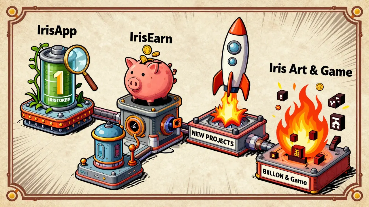 Four whimsical machines represent Iris Ecosystem components: App, Earn, Pad, and Art, powered by a token battery.