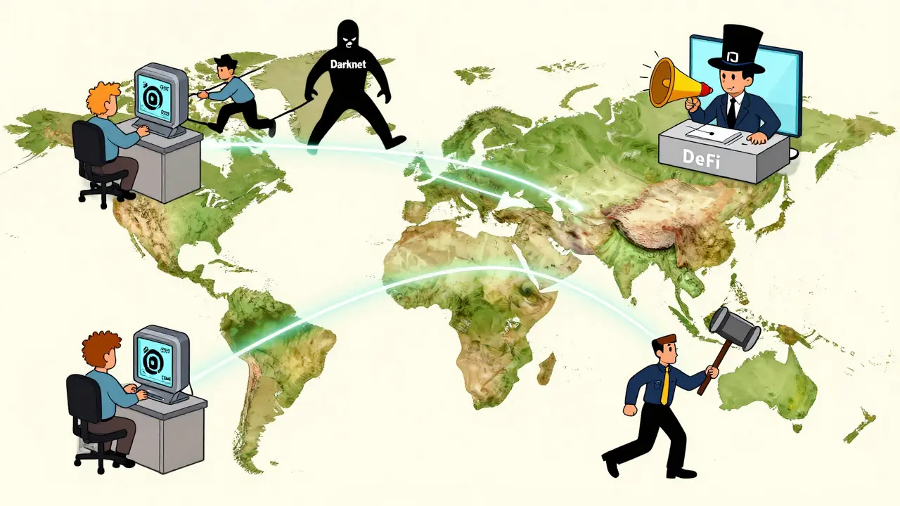 Global map with CARF scanners and FATF agents shutting down a DeFi platform with a CEO hat in vintage cartoon style.
