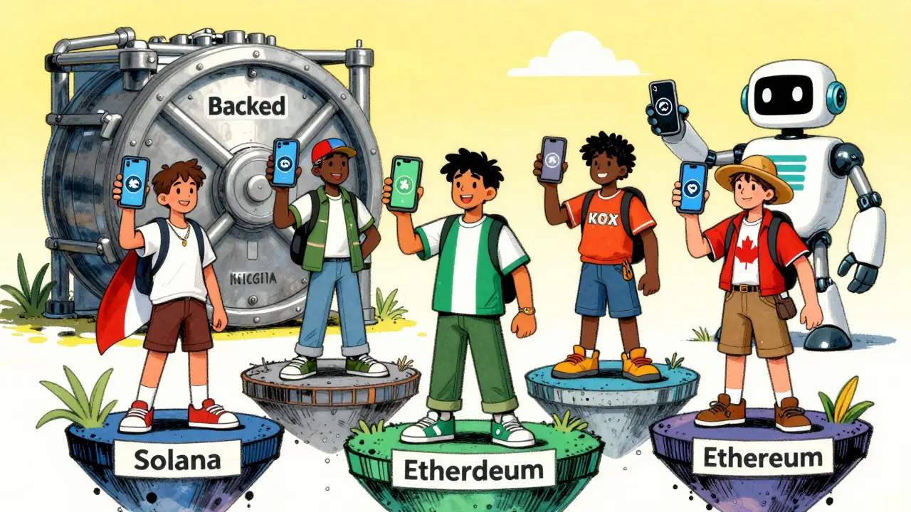 People from Indonesia, Nigeria, and Canada using phones to buy KOx tokens on floating blockchain platforms with a vault in the background.