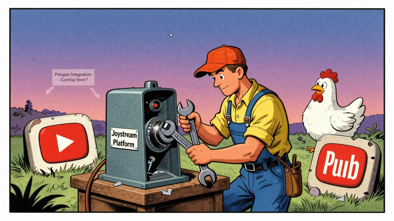 Pioneer fixing a broken Joystream machine as YouTube logos crumble in the background.