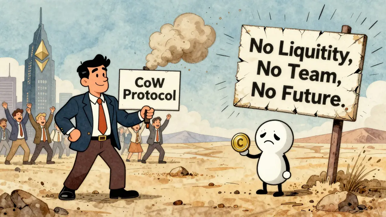 Split scene: CoW Protocol thriving on one side, CoinWind's lone token abandoned on the other.