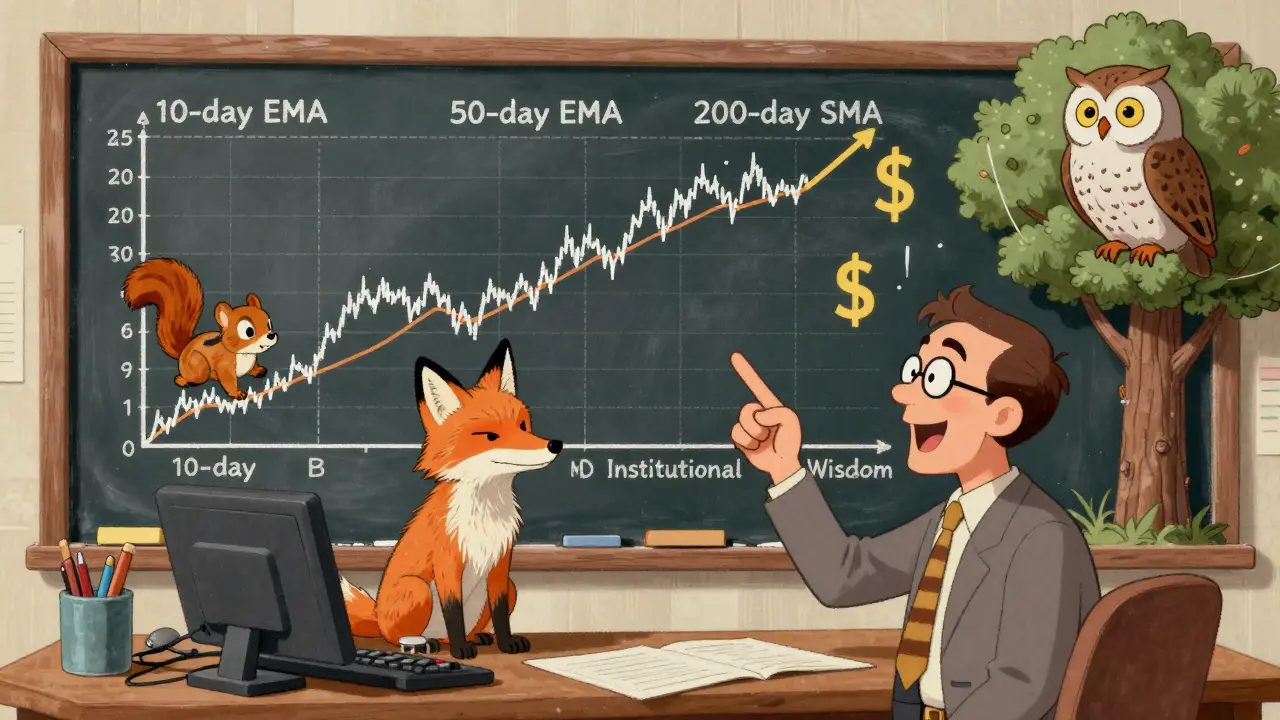 Three animal characters represent moving averages on a chalkboard chart, with price bouncing off the middle line.