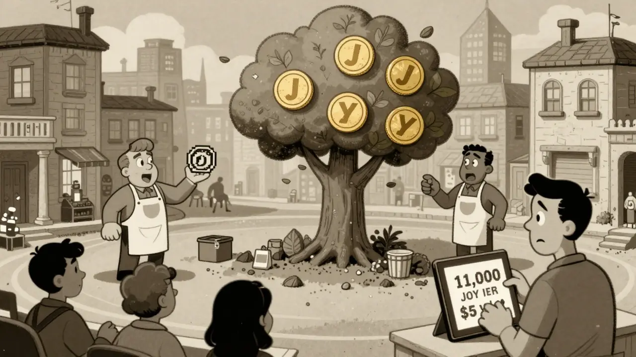 Tiny digital town with creators giving channel tokens to viewers under a JOY coin tree.