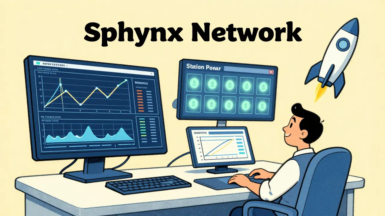 Trading desk, staking pools, and launchpad rocket in retro cartoon style for Sphynx Network services.