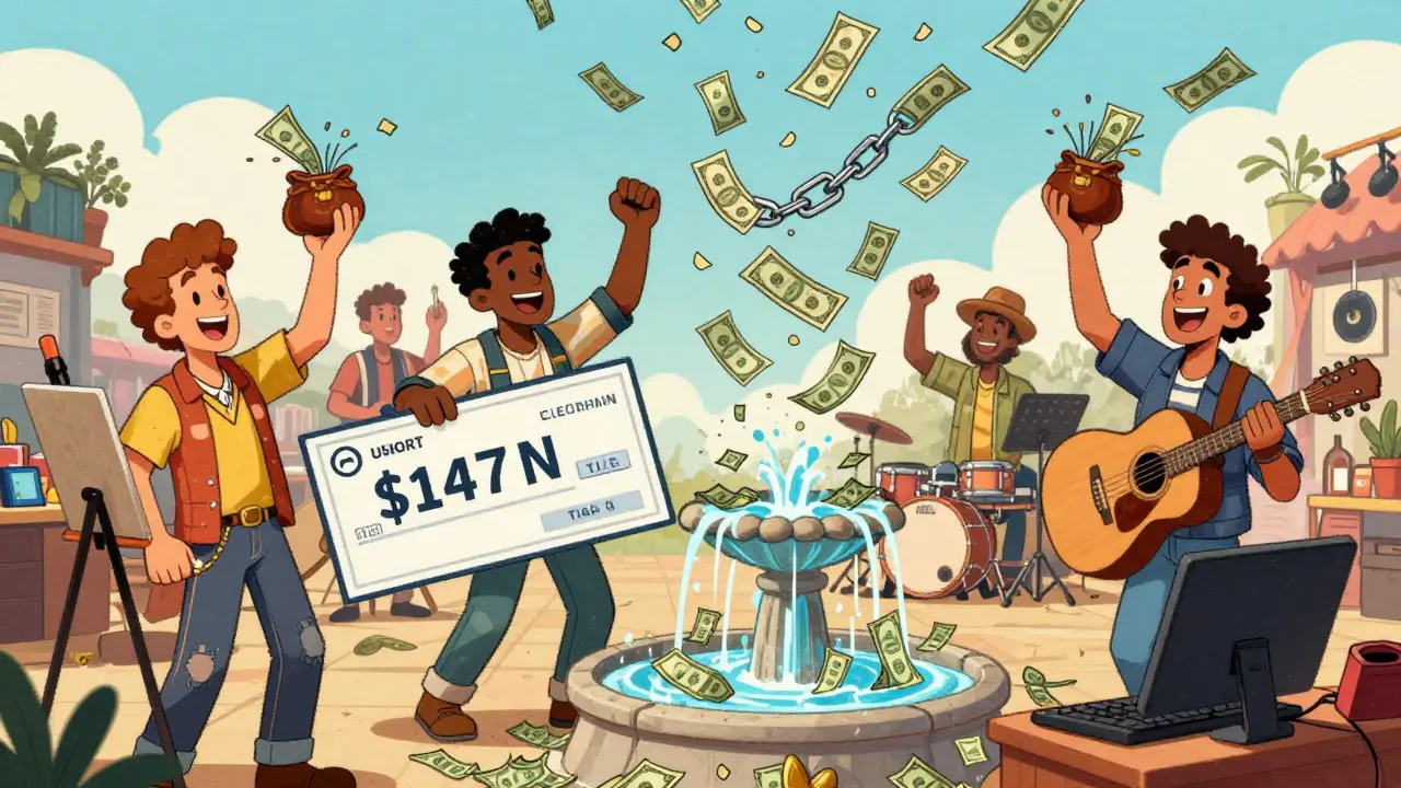 Various creators celebrate as money flows into their wallets from reselling NFTs on a digital marketplace.