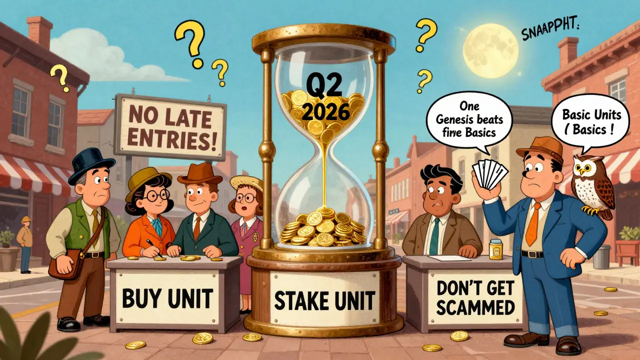 Vintage-style town square with people lining up at NFT booths, a giant hourglass labeled Q2 2026, and an owl giving advice.