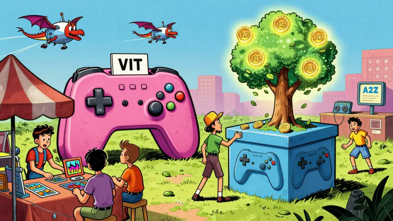 A bustling gaming hub where players trade NFTs, vote on game upgrades, and stake tokens into a growing tree of new worlds.