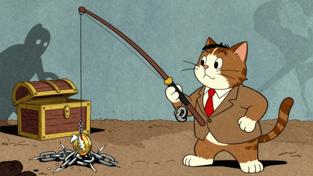 A cat investor with a fishing rod tangled in a broken chain link.