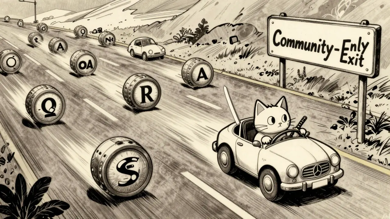 A cat-shaped crypto token speeds alone on a blockchain highway while other tokens have drivers, with a 'Community-Only Exit' sign.