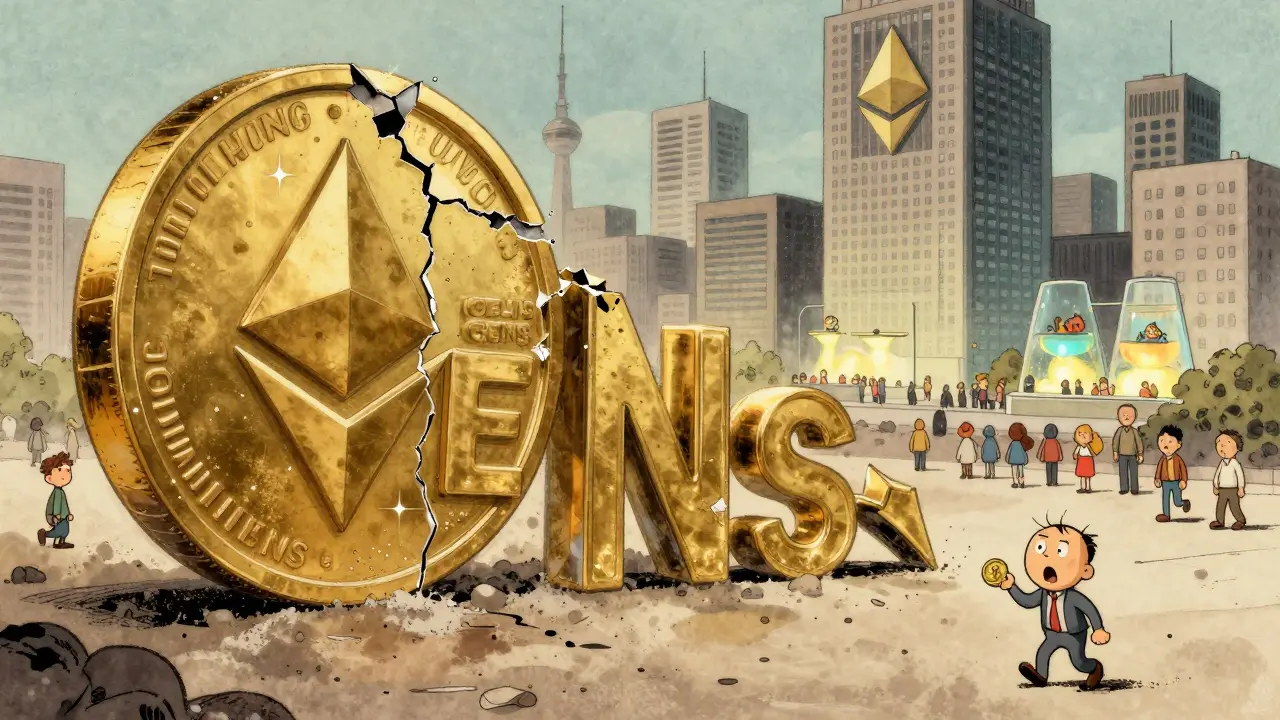 A cracked GENS token statue surrounded by departing users while Ethereum towers in the background.