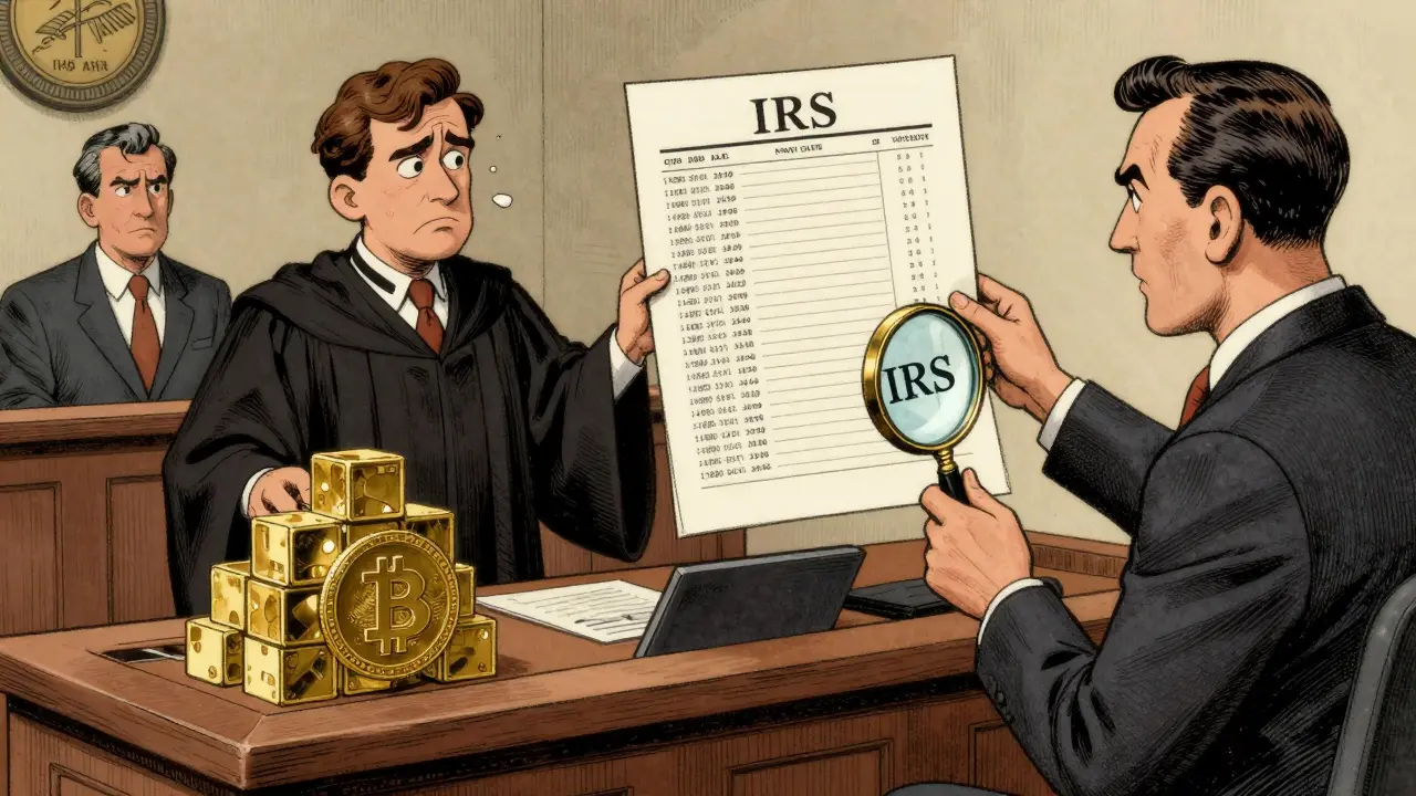 A crypto trader in court facing an IRS agent, while a lawyer presents transaction records in vintage cartoon style.