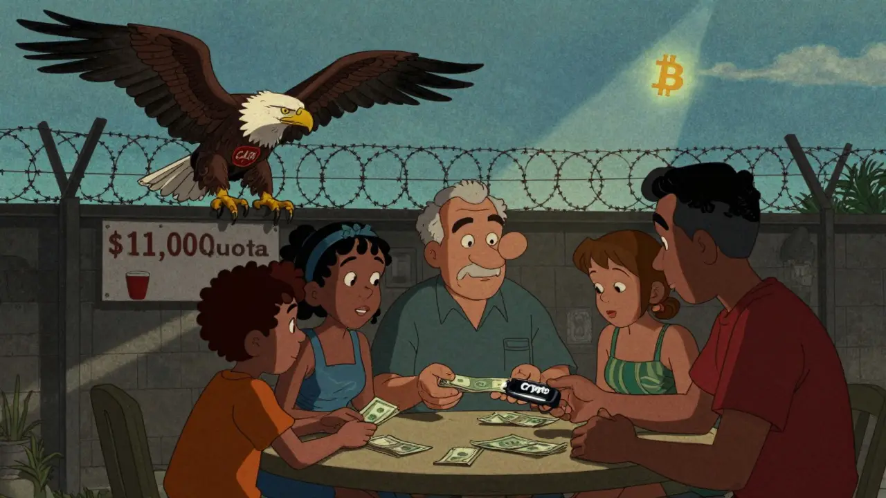 A Cuban family trades cash for crypto under watchful U.S. eagle, with a single flickering Bitcoin in the sky.