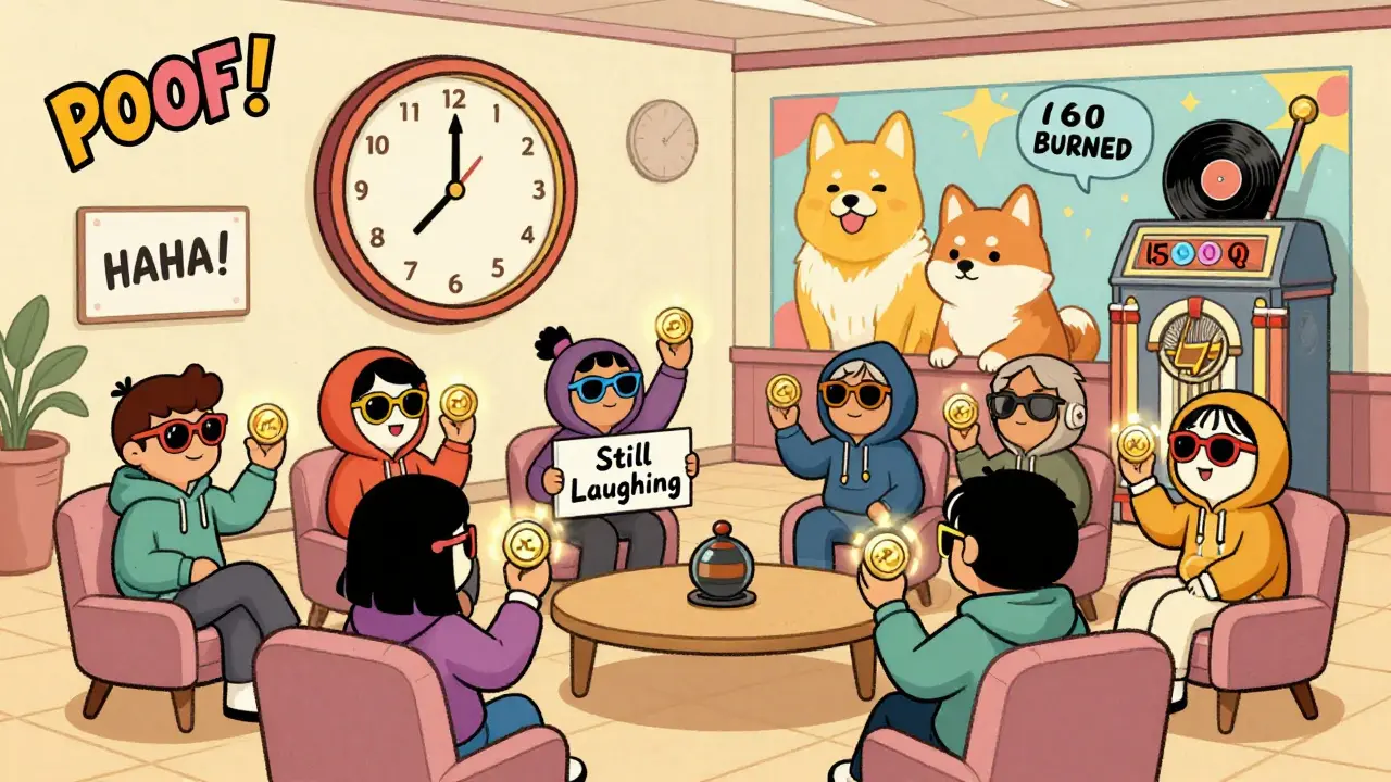 A diverse group of cartoon characters celebrate BCOQ tokens in a retro internet lounge, in vintage cartoon style.