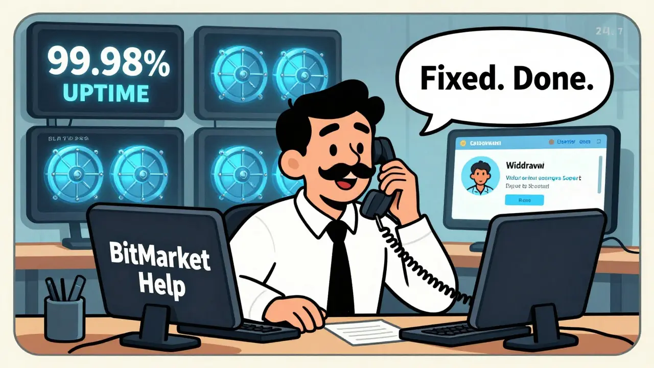 A friendly support agent answers a call while screens show high uptime and fast withdrawals.