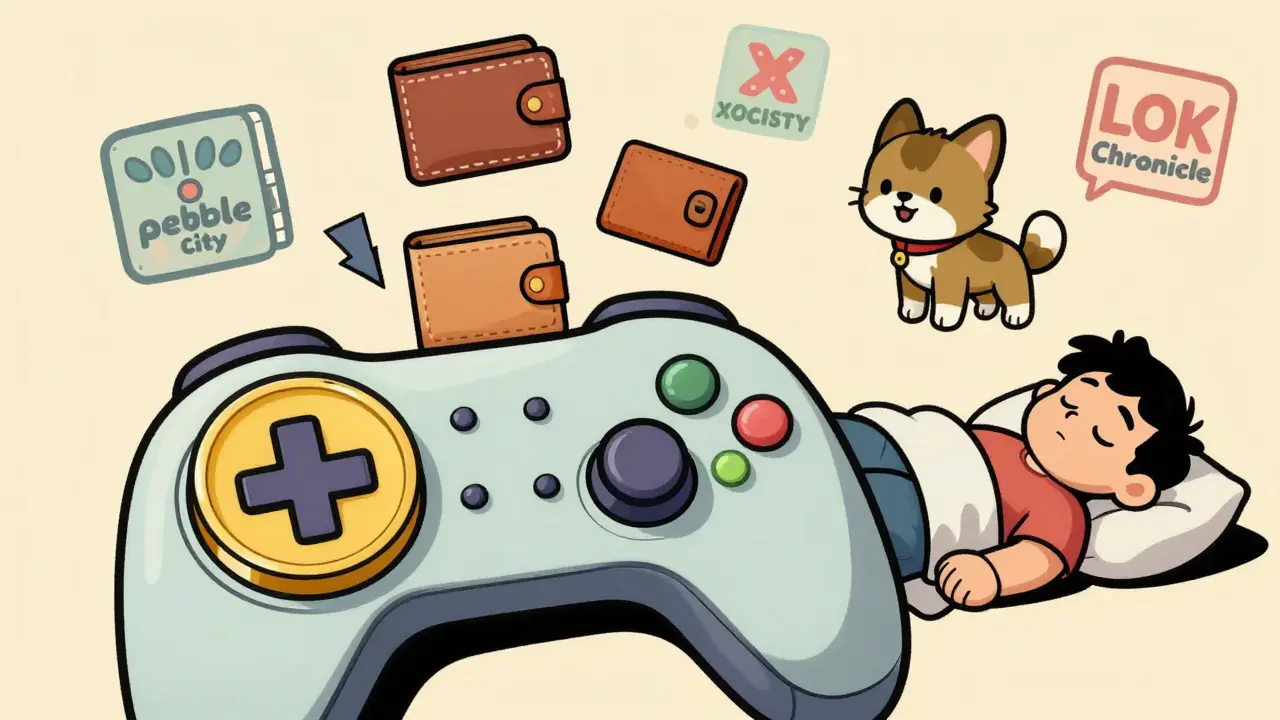 A giant A2Z token button triggers floating invisible wallets and an AI pet named AZZY beside a sleeping player.