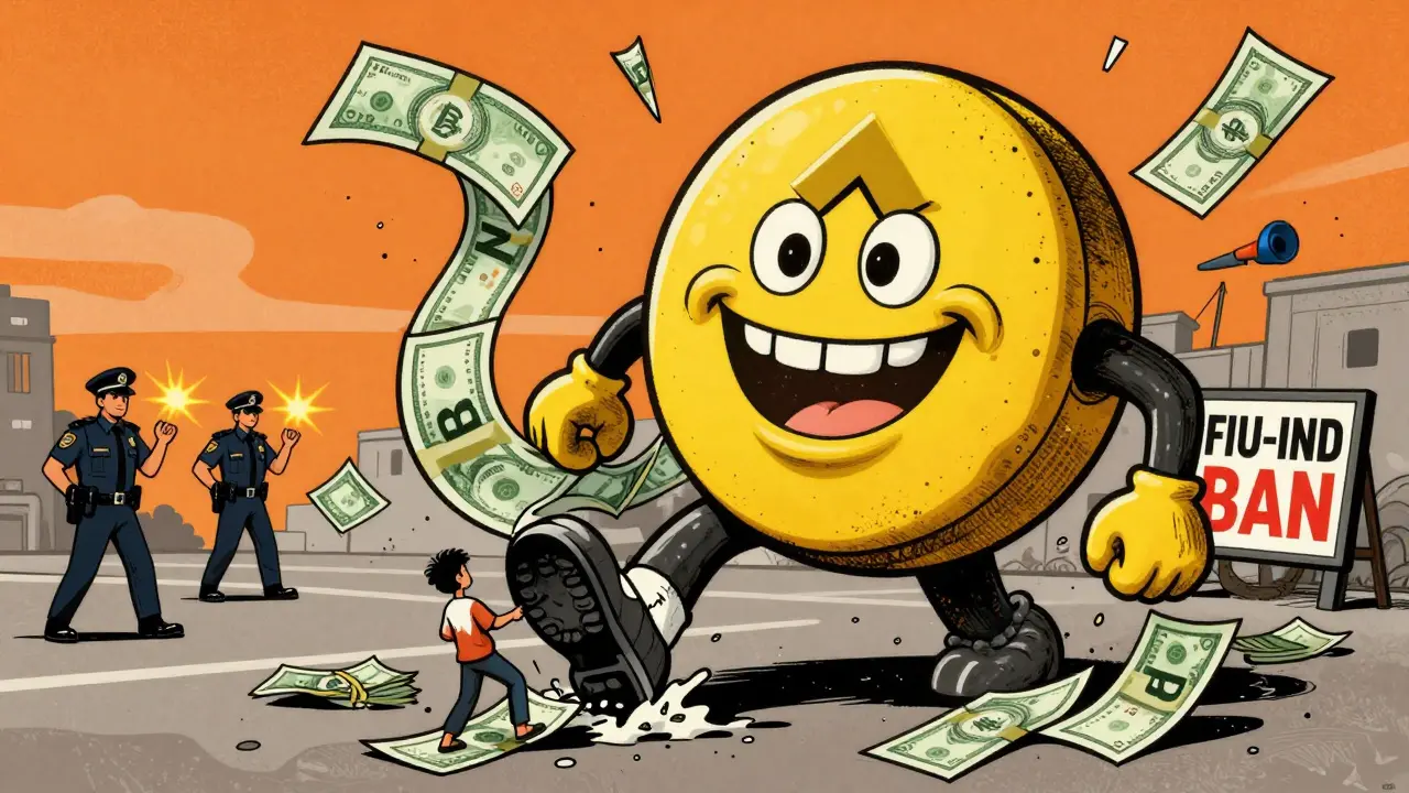 A giant Binance monster crushes an Indian user while police sirens flash in the background.