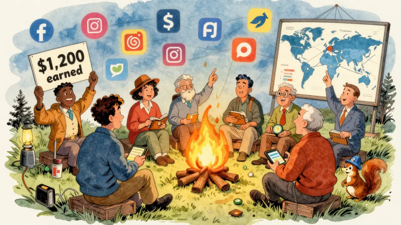A group of users gather around a campfire of crypto wallets, sharing stories under a networked sky.