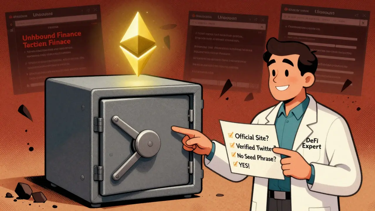 A heroic DeFi expert points to safety checklist while fake scam sites crumble in vintage cartoon style.