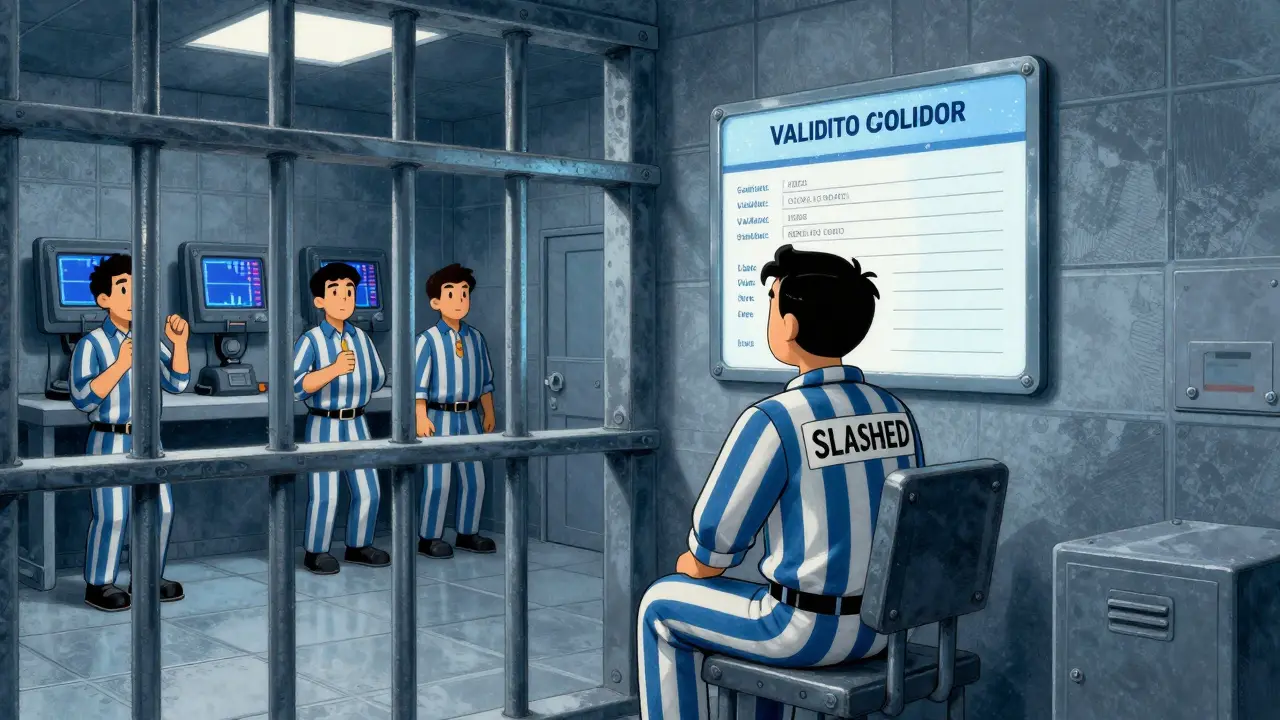 A jailed validator looks at a new application form while other validators monitor uptime from outside their cell.