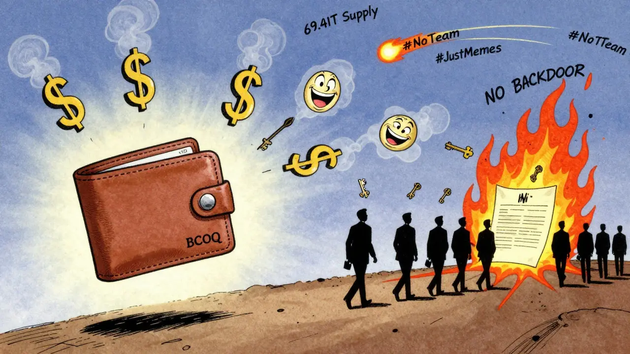 A lone BCOQ wallet drifts in space as shadowy figures walk away from a burning contract, in vintage cartoon style.