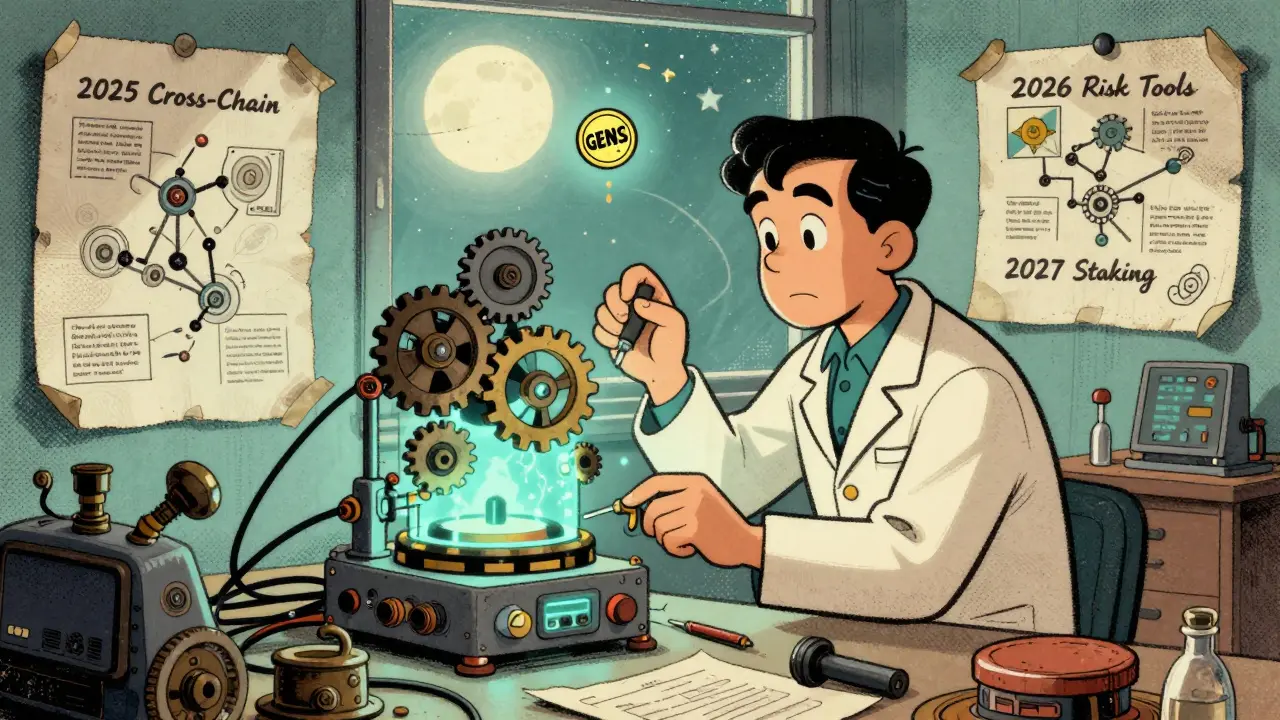 A lone engineer working on a fading DeFi machine with roadmap blueprints under moonlight.