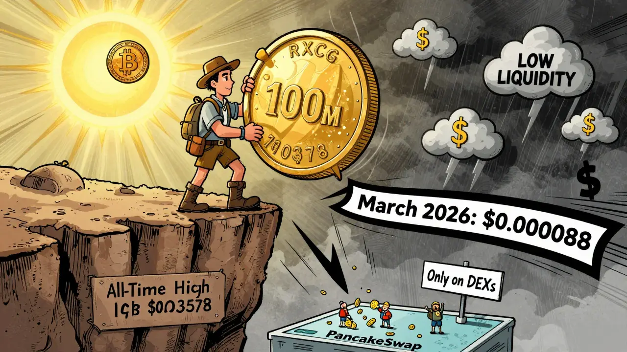 A lone figure at a cliff labeled with RXCG's price crash from peak to current value