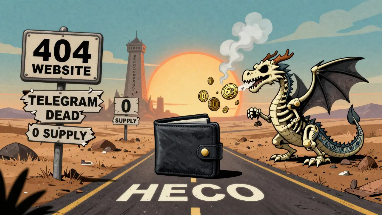 A lone wallet on a deserted blockchain highway surrounded by broken signs showing '404', 'TELEGRAM DEAD', and '0 SUPPLY', as a skeletal dragon breathes zero-value coins.