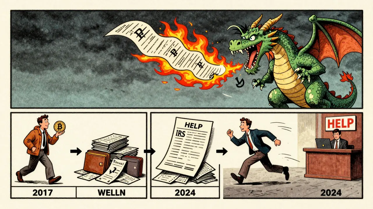 A man being chased by an AI dragon made of audit notices, symbolizing unreported crypto trades over time.