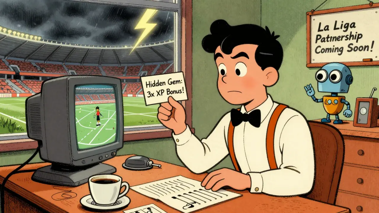 A manager watches a match on a CRT screen while a robotic scout discovers a hidden player gem.