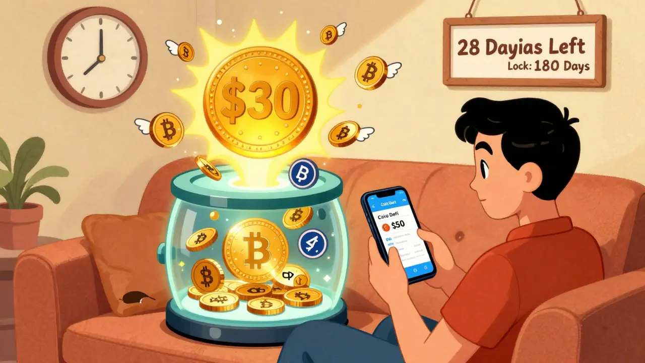A person depositing crypto into a staking vault, with a  DFI token bursting out, surrounded by floating tokens and a 28-day countdown.