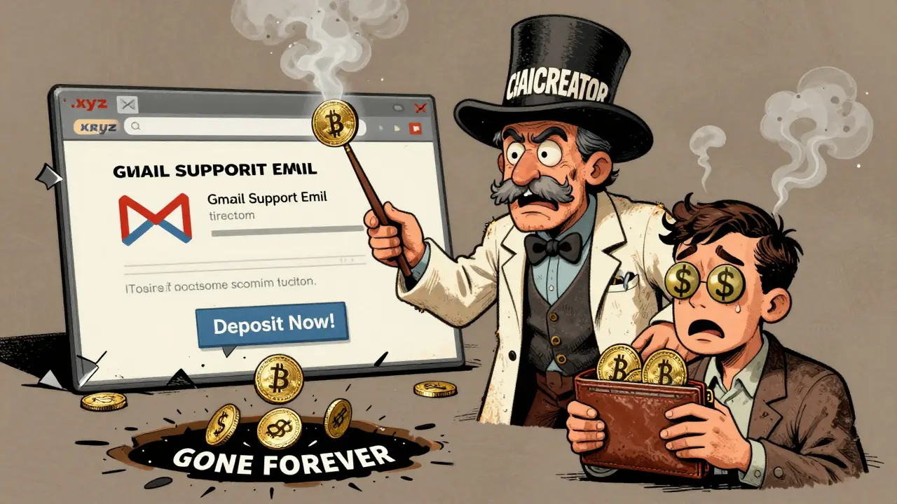 A scammer turning crypto coins into smoke as a terrified user loses their wallet to a black hole.