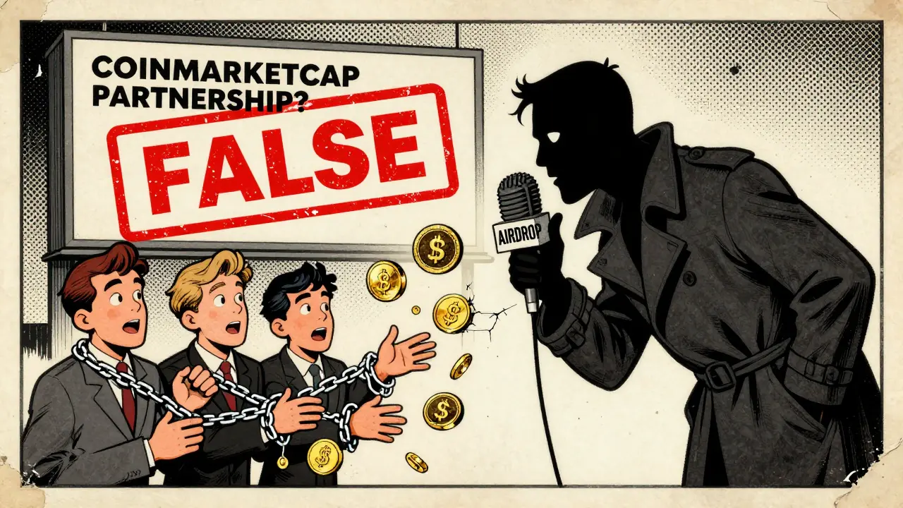 A shadowy figure whispers 'AIRDROP' to three investors reaching for tokens that turn into chains, while a giant 'FALSE' stamp overrides a fake CoinMarketCap partnership billboard.