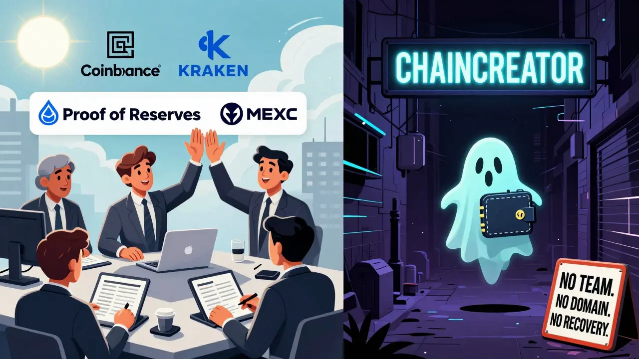 A split scene: real crypto exchanges in sunlight vs. a ghostly fake exchange in a dark alley.