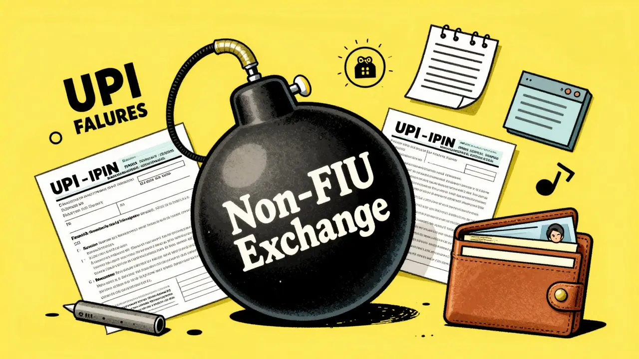 A ticking bomb labeled 'Non-FIU Exchange' threatens a user's bank account and tax documents.