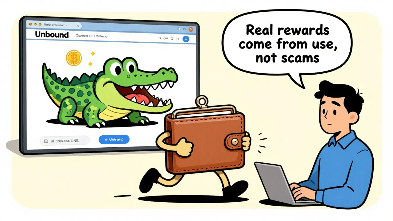 A wallet escapes a crocodile-shaped scam site as a user stakes UNB tokens safely in vintage comic style.