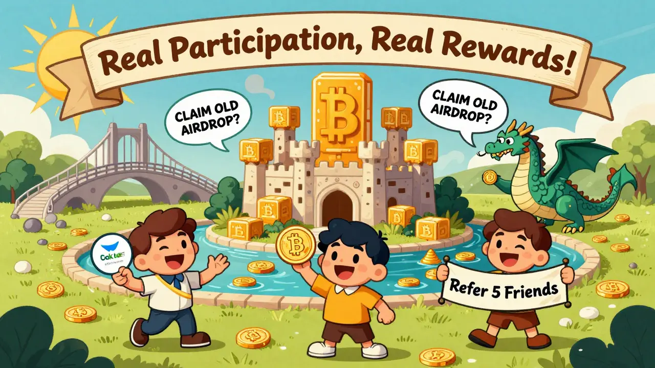 A whimsical DeFiChain kingdom with Bitcoin castle, a scammer dragon, and three users celebrating different ways to earn DFI tokens.