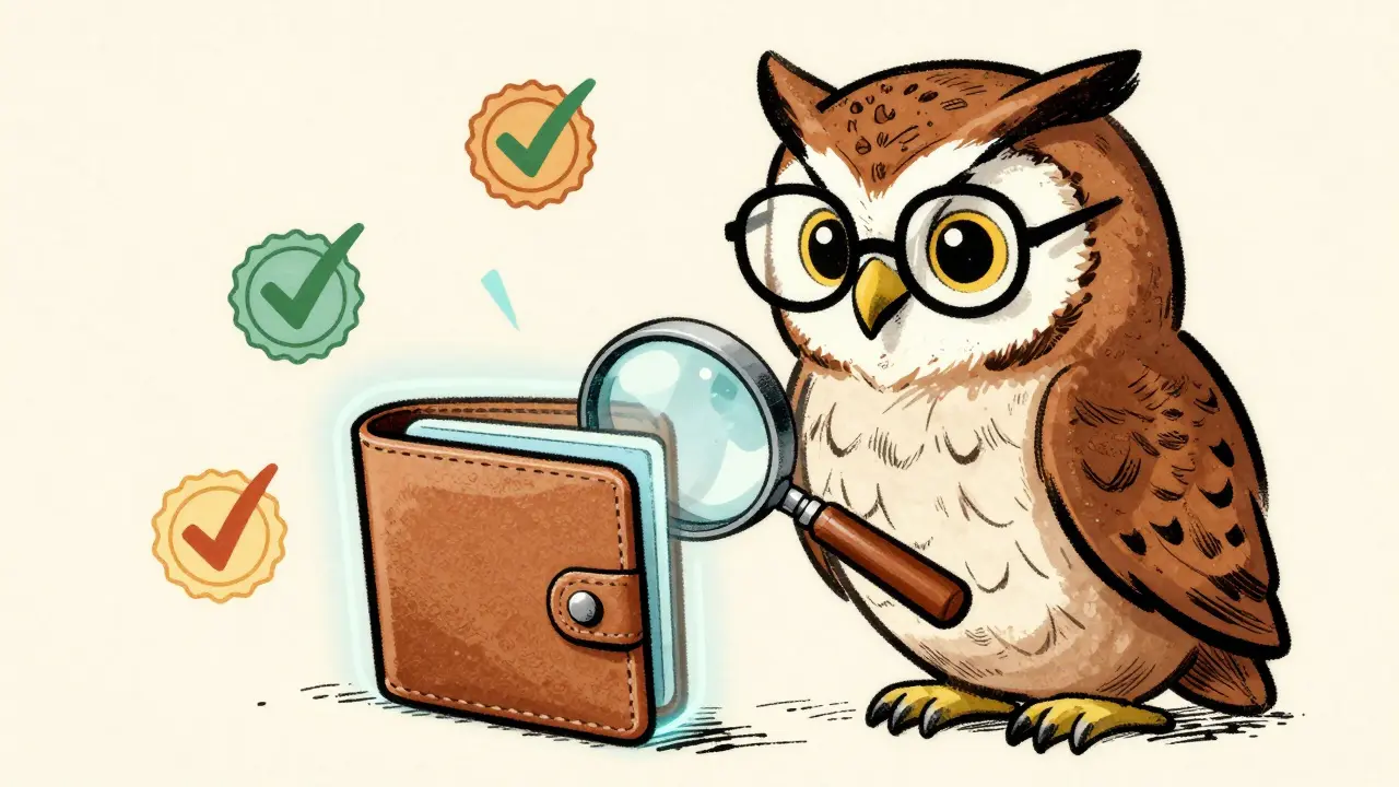 A wise owl inspecting a digital wallet with a magnifying glass and shield.