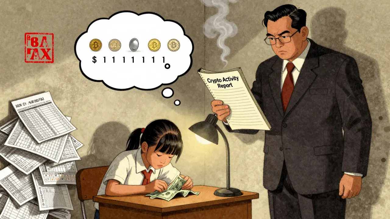 A young student counts barely any money left after crypto trading taxes, surrounded by discarded trade charts.