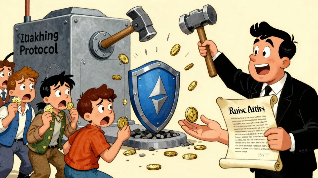 An automated slashing machine crushes a validator's shield while coins fly out, and an informant collects a reward.