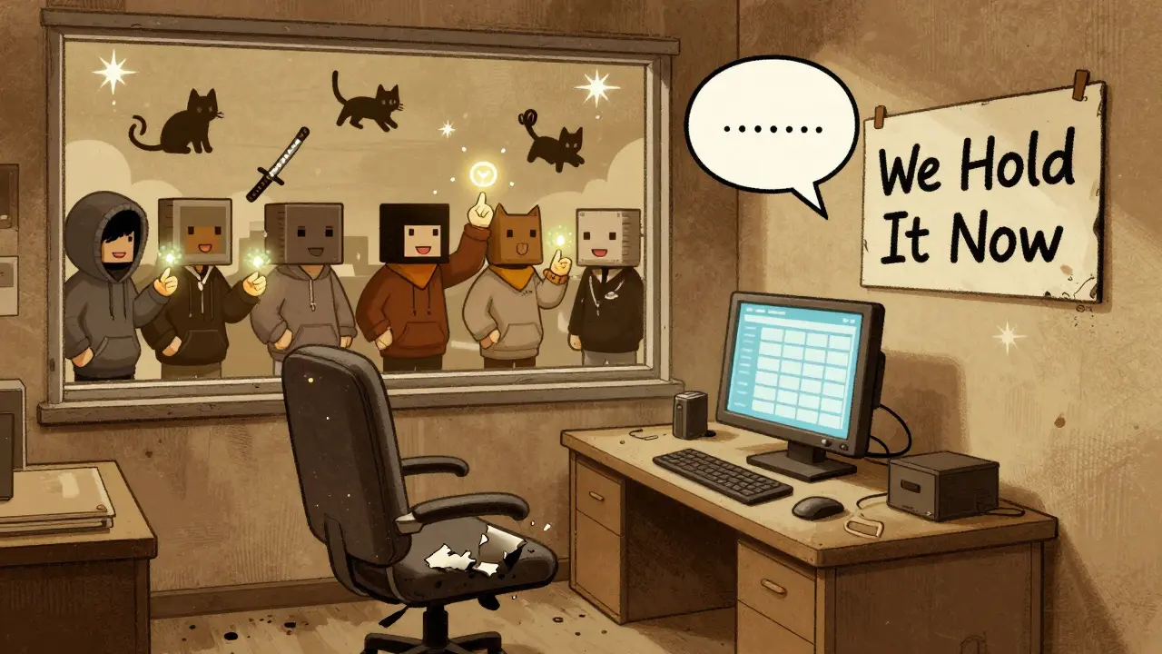 An empty CEO office has a 'We Hold It Now' sign as a community trades tokens outside, with cat silhouettes glowing in the sky.