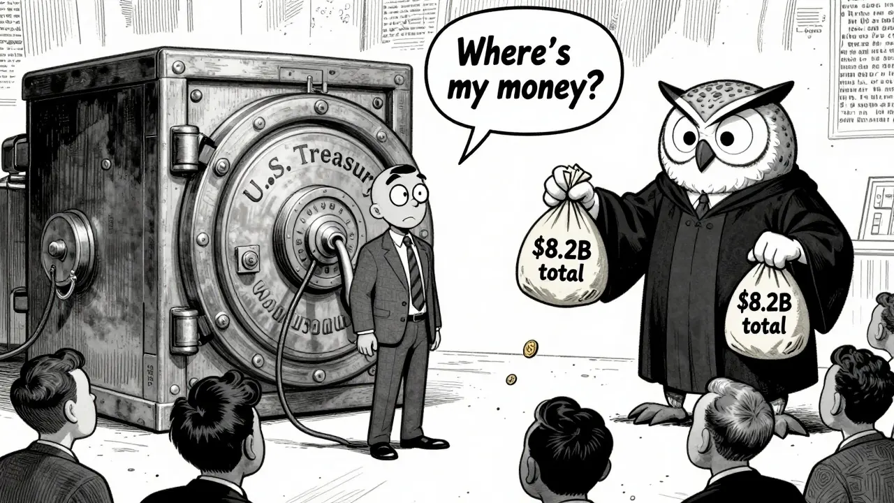 An investor stares at a vault labeled 'U.S. Treasury' as most of the fines disappear, only a small amount reaches investors.