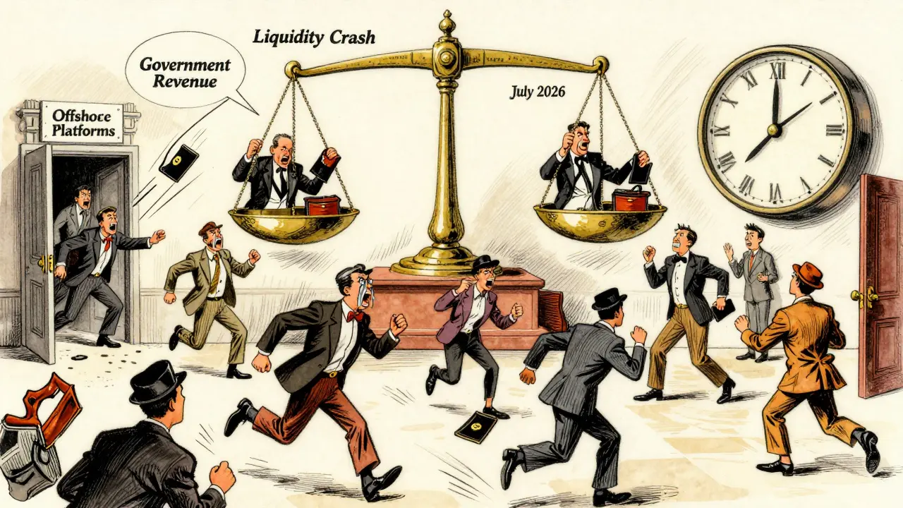 Chaos at a crypto exchange as traders flee, while a scale tips between government revenue and collapsing liquidity.