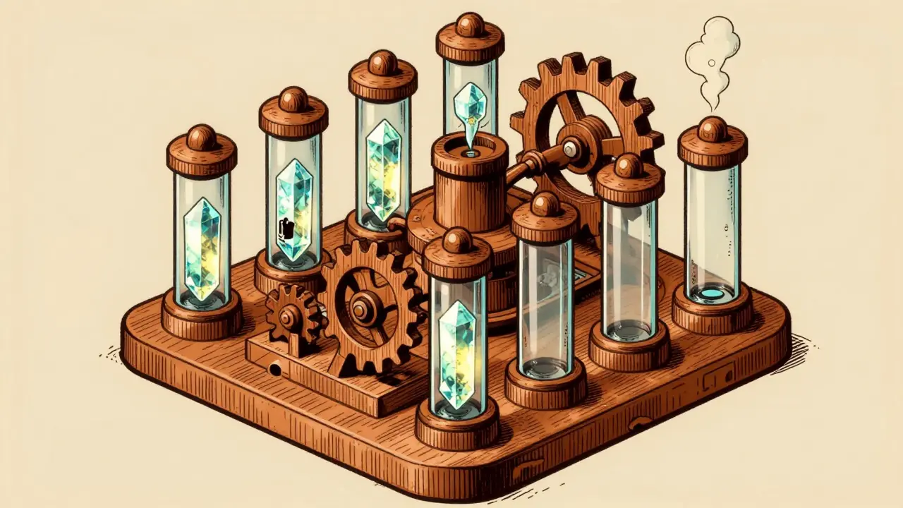 Complex machine with cogs and crystals representing blockchain launchpad.