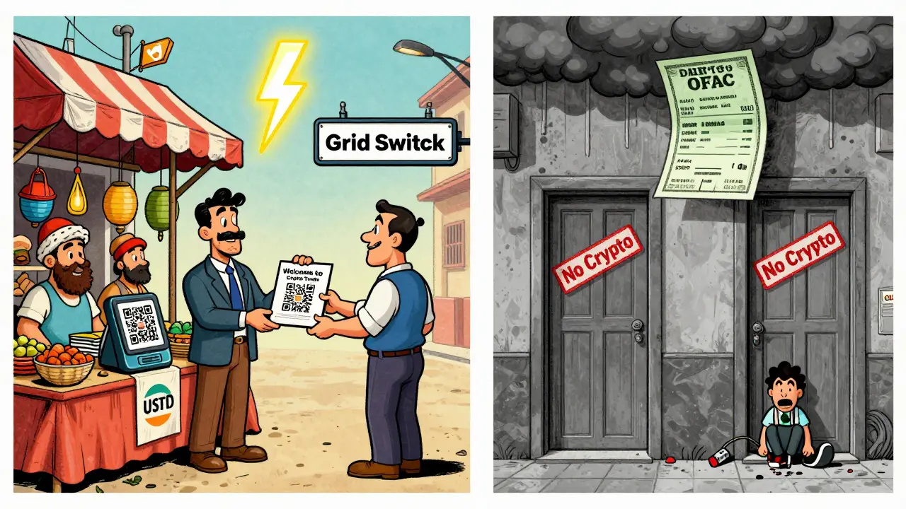 Contrasting Syrian crypto marketplace with vibrant trade and Cuban alley blocked by 'No Crypto' signs and OFAC shadow.