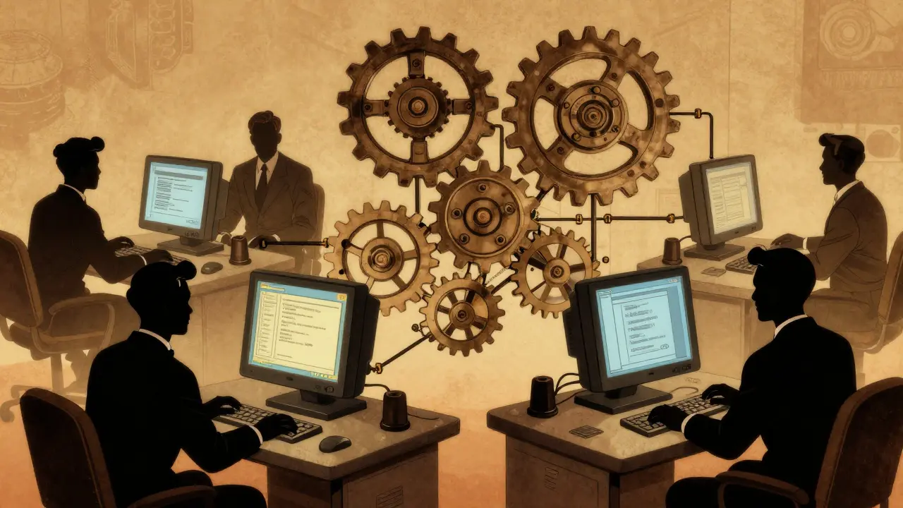 Engineers connecting mechanical gears at terminals in retro style