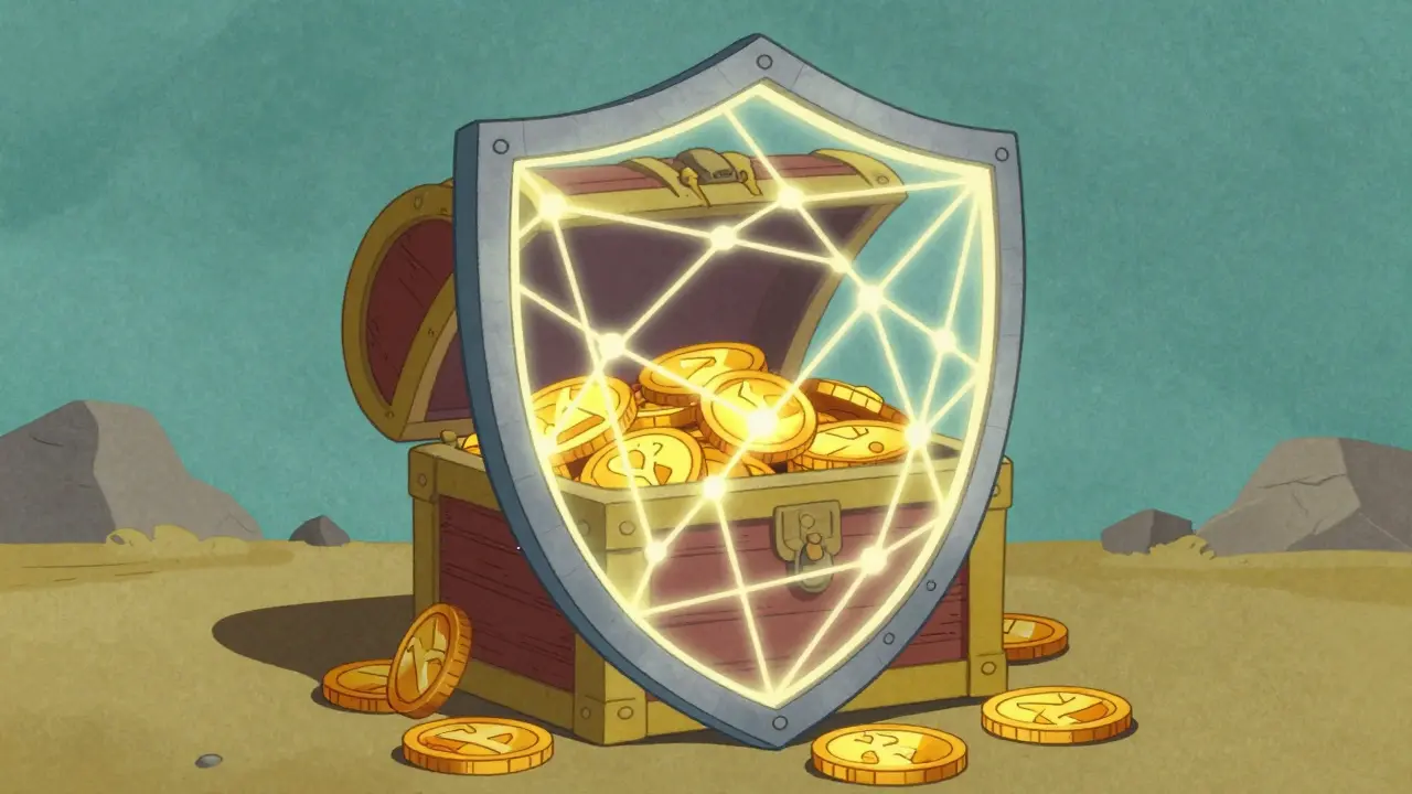 Geometric shield protecting a coin treasure chest from invisible threats