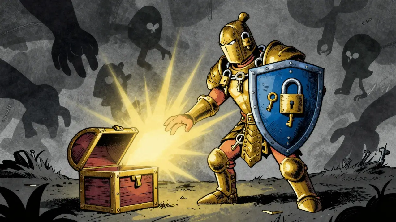 Guardian with lock armor shielding chest from shadows, vintage style.