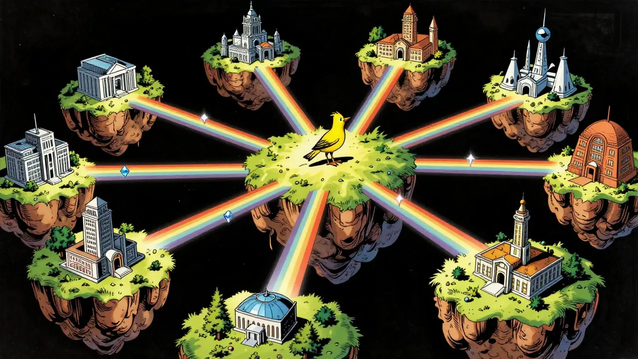 Illustrated floating islands connected by light bridges over digital space.